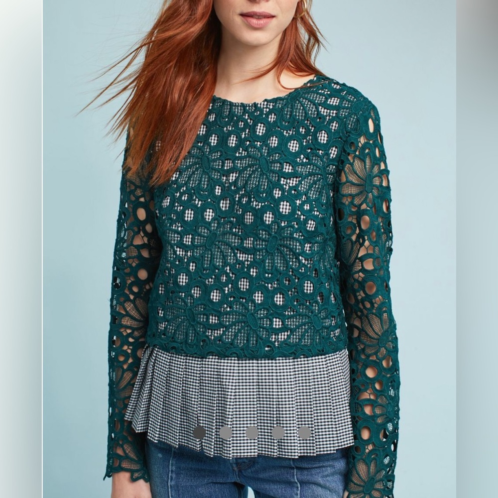 NWT Maeve Teal Lace Blouse with Checkered Hem